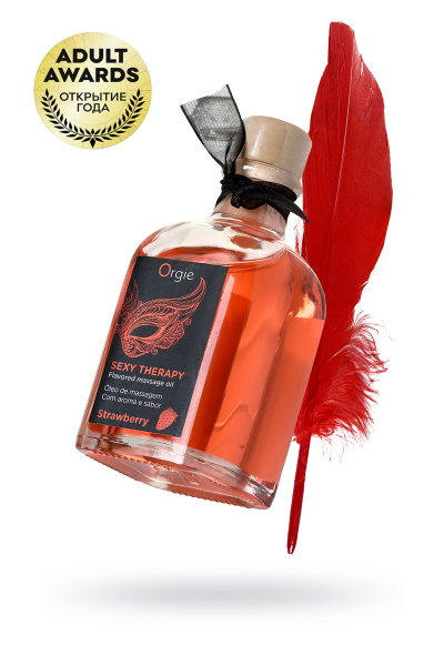 Комплект для сладких игр  Orgie Lips Massage со вкусом клубники (сладкое массажное масло, перо и путеводитель), 100 мл