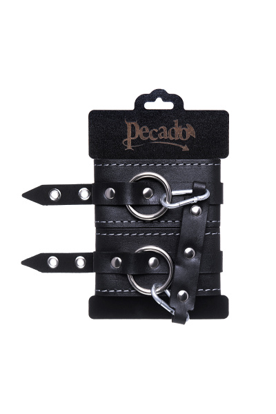 Оковы двухслойные с белой строчкой Pecado BDSM, натуральная кожа, черные